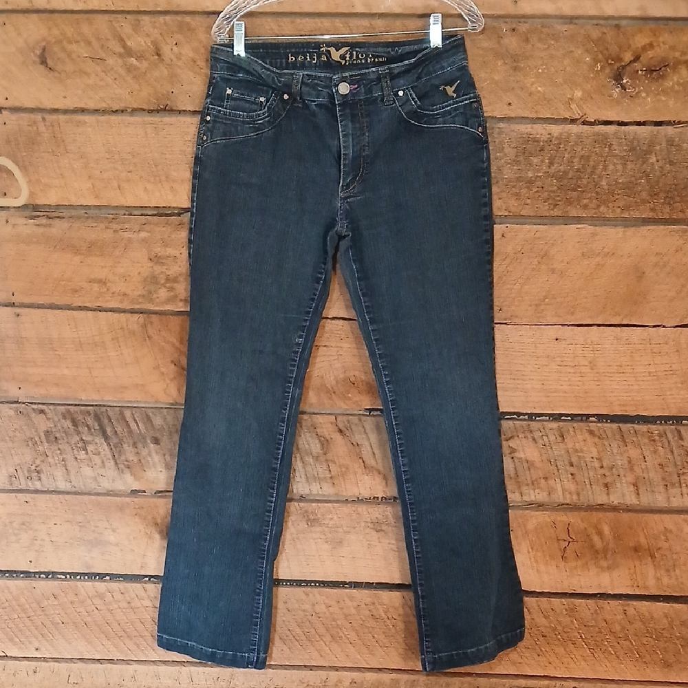 Beija Flor of Brazil Dark Blue Denim Jeans with Gold Embroidery Sz 10